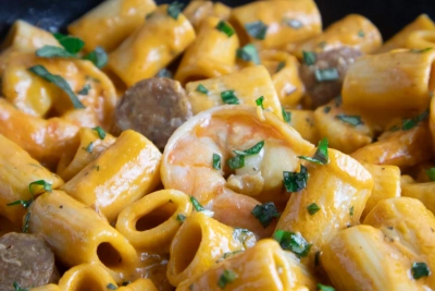 Creamy Prawn & Chorizo Pasta with herbs in a rich sauce, garnished with parsley.