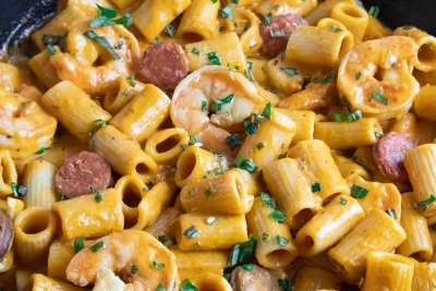 Prawn & Chorizo Pasta with shrimp and sausage, garnished with fresh herbs.