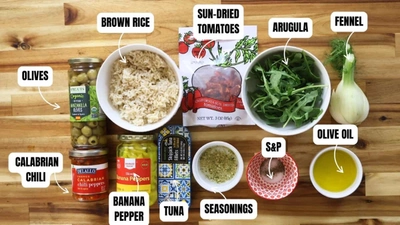 Ingredients for a tuna and rice salad bowl.