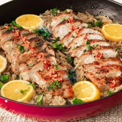 Lemon Chicken Orzo Pasta skillet, garnished with lemon slices and fresh greens.