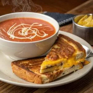 Creamy tomato soup with a swirl of cream, served with a grilled cheese sandwich on a wooden table.