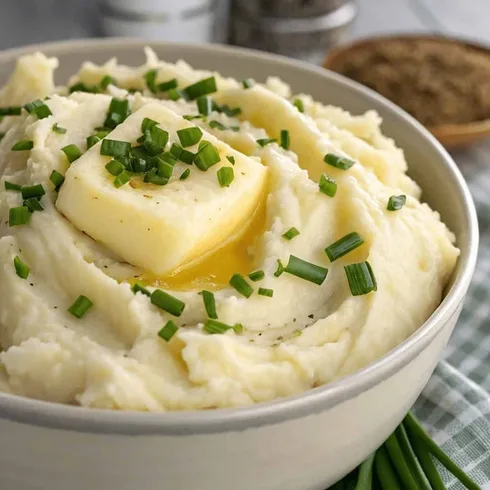 Creamy mashed potatoes garnished with herbs in a white bowl on a wooden countertop.