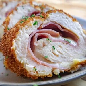 Close-up of sliced chicken cordon bleu with crispy breadcrumb coating, melted cheese, and ham on a plate.