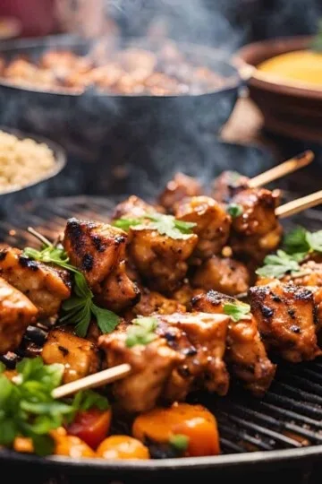Grilled chicken skewers with vegetables on BBQ, garnished with herbs, smoke rising. Perfect summer barbecue meal.