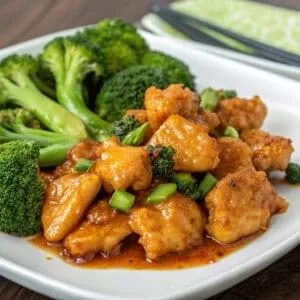 chicken with broccoli in sauce on a white plate. Asian cuisine dish with green garnish.