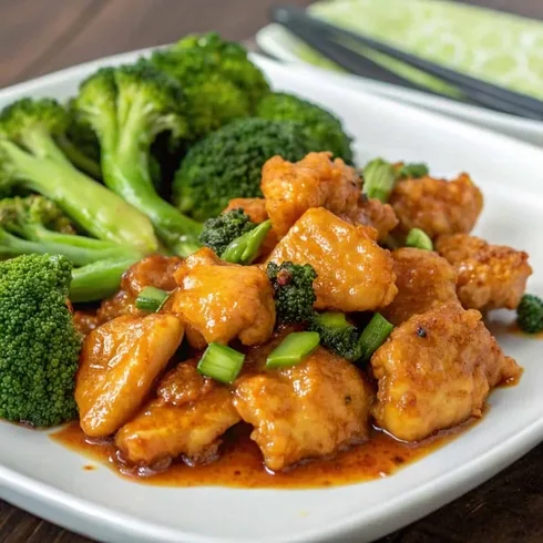 Asian chicken with broccoli in sauce on a white plate.