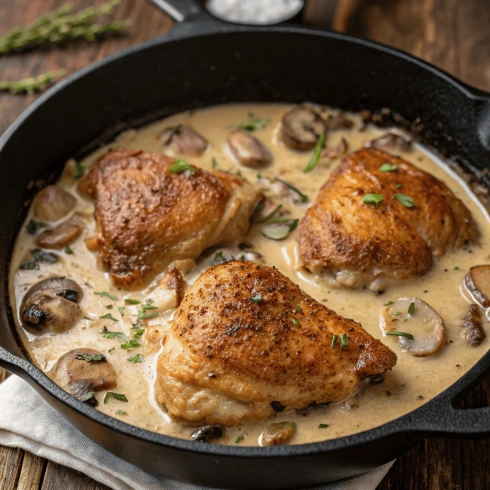 Creamy chicken and gravy garnished with fresh herbs.