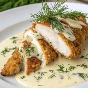 Crispy chicken breast with creamy sauce garnished with fresh dill on a white plate. Perfect for a gourmet meal.