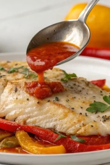 Grilled fish topped with tomato sauce, garnished with peppers and herbs on a white plate.