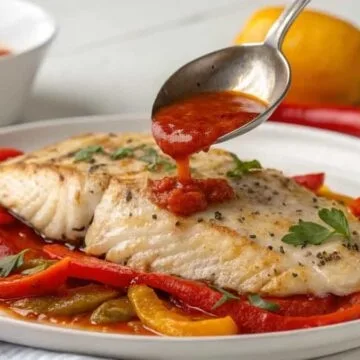 branzino el forno with roasted vegetables and red sauce on white plate, garnished with herbs.