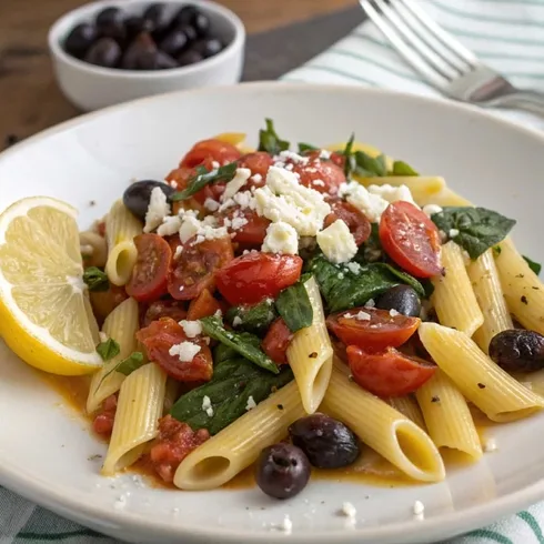 creamy veggie pasta with cherry tomatoes, spinach, feta cheese, olives, and lemon on a white plate.