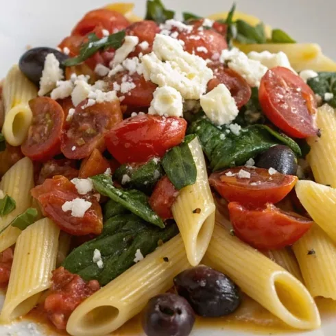 creamy veggie pasta with cherry tomatoes, spinach, feta cheese, olives, and lemon.