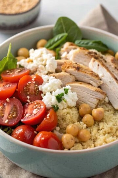 Healthy chicken couscous bowl with cherry tomatoes, chickpeas, spinach, and feta cheese.